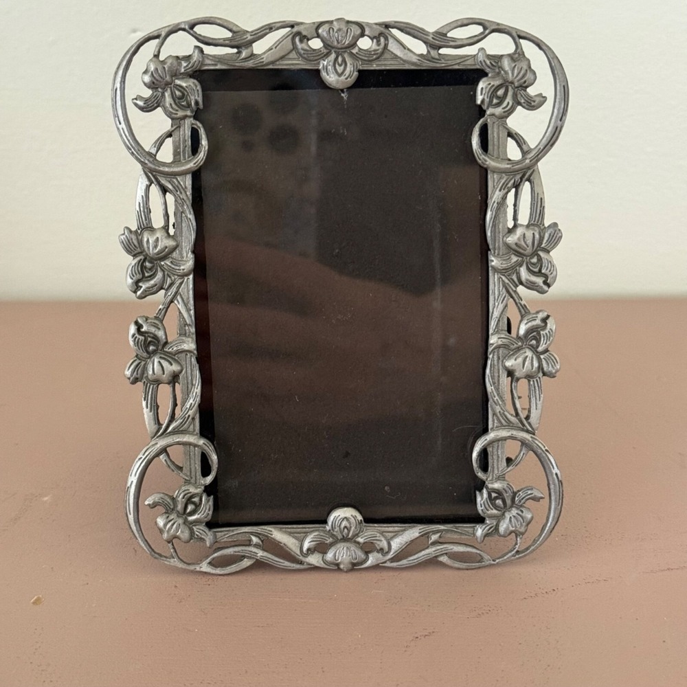 Silver Tone Rectangular Photo Frame Floral Design Holds 3" x 4.5" Picture